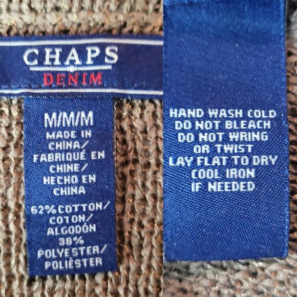 Vtg Chaps Denim Womens Army Green Open Knit Sweater Sz M Tie Neck Casual Grunge - Picture 3 of 8